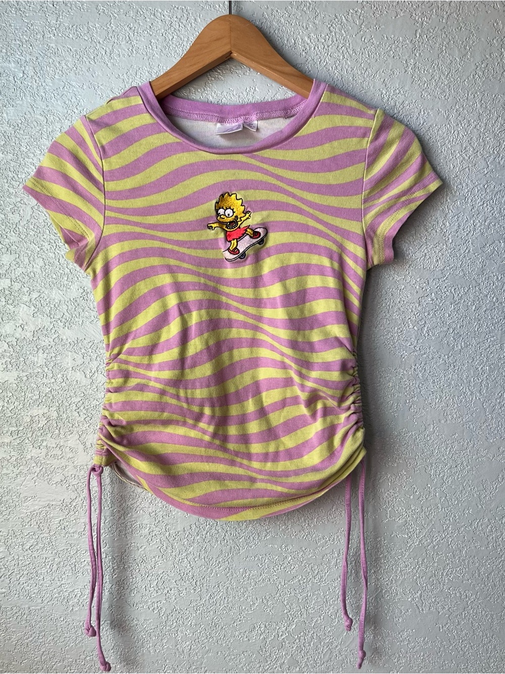 The Simpsons Lisa Skateboard Y2K Striped Ruched Drawstring Baby Tee Sz S